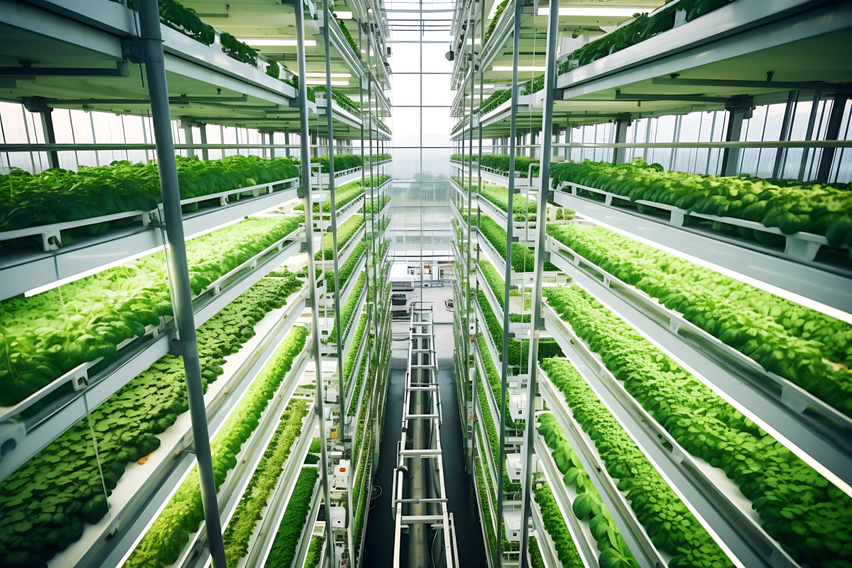 Stacked growing racks of leafy greens under LED lighting in a controlled environment facility