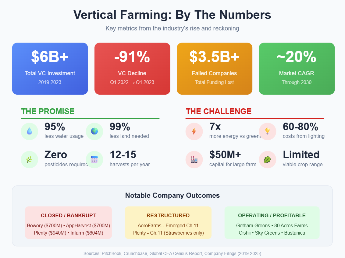 Vertical Farming: By The Numbers. Total VC investment 2019 to 2023: $6B+. VC decline Q1 2022 to Q1 2023: -91%. Failed companies total funding lost: $3.5B+. Market CAGR through 2030: ~20%. The promise: 95% less water usage, 99% less land needed, zero pesticides required, 12 to 15 harvests per year. The challenge: 7x more energy vs. greenhouse, 60 to 80% of costs from lighting, $50M+ capital for a large farm, limited viable crop range. Notable company outcomes: closed or bankrupt: Bowery ($700M), AppHarvest ($700M), Plenty ($940M), Infarm ($604M); restructured: AeroFarms (emerged Ch. 11), Plenty (Ch. 11, strawberries only); operating or profitable: Gotham Greens, 80 Acres Farms, Oishii, Sky Greens, Bustanica.