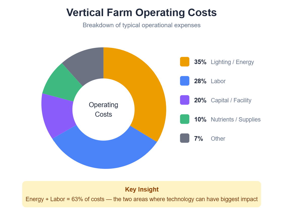 Vertical Farm Operating Costs, breakdown of typical operational expenses: Lighting / Energy, 35%; Labor, 28%; Capital / Facility, 20%; Nutrients / Supplies, 10%; Other, 7%. Key insight: Energy plus Labor equal 63% of costs, the two areas where technology can have the biggest impact.